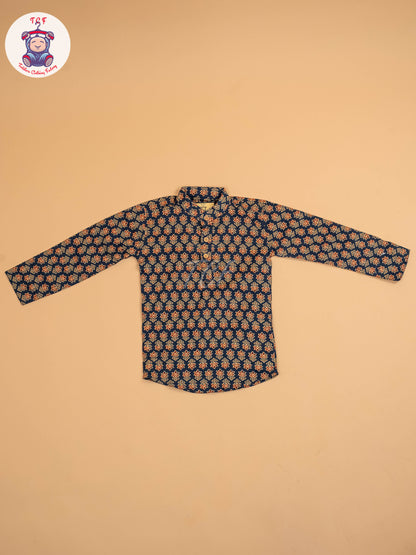 Navy Blue & Maroon - Boys Printed Short Kurta