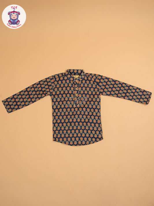 Navy Blue & Maroon - Boys Printed Short Kurta