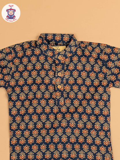 Navy Blue & Maroon - Boys Printed Short Kurta