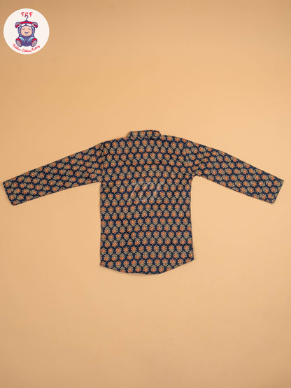 Navy Blue & Maroon - Boys Printed Short Kurta