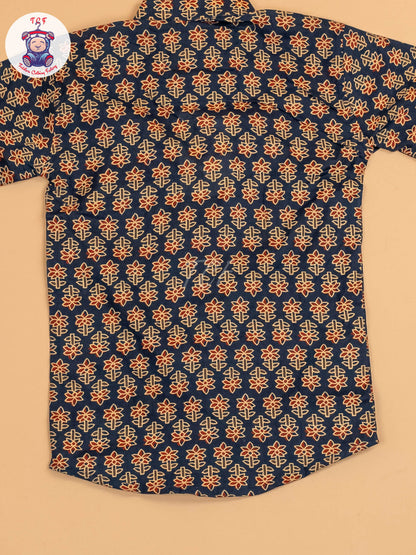 Navy Blue & Maroon - Boys Printed Short Kurta