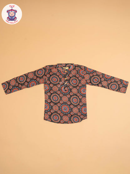 Black & Maroon - Boys Printed Short Kurta