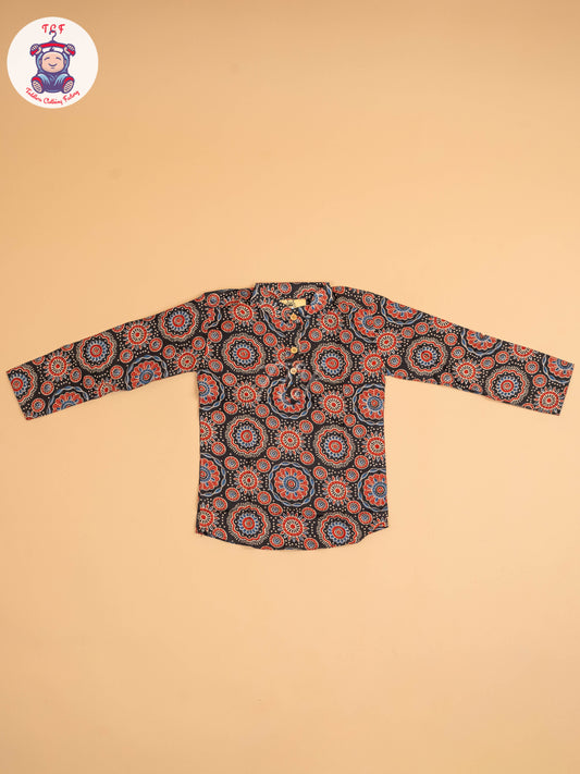Black & Maroon - Boys Printed Short Kurta