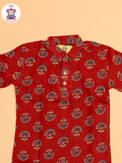 Red & Black - Boys Printed Short Kurta