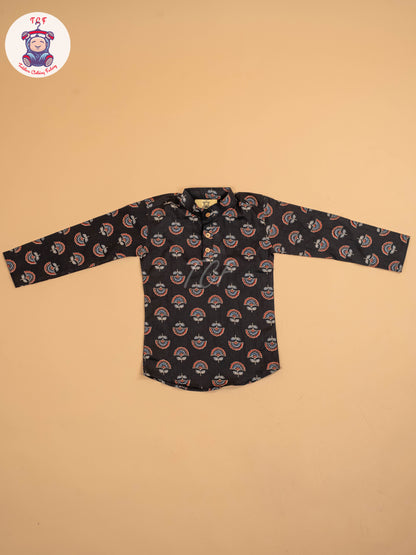 Black & Maroon - Boys Printed Short Kurta
