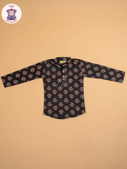 Black & Maroon - Boys Printed Short Kurta