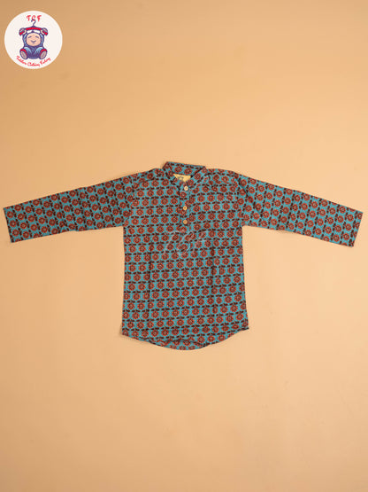 Blue & Brown - Boys Printed Short Kurta