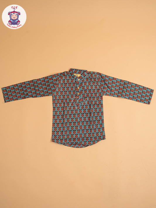 Blue & Brown - Boys Printed Short Kurta