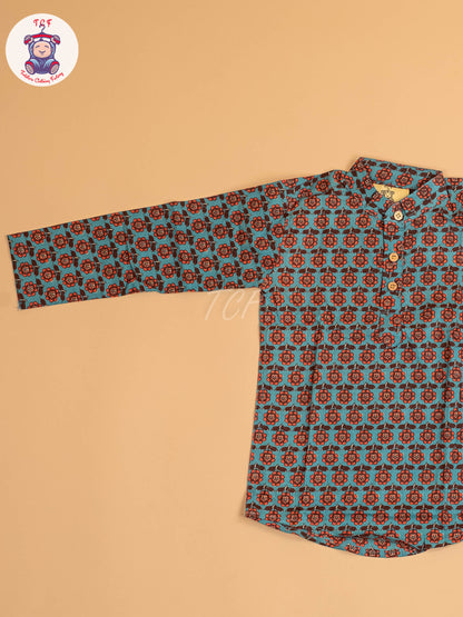 Blue & Brown - Boys Printed Short Kurta