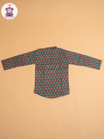 Blue & Brown - Boys Printed Short Kurta