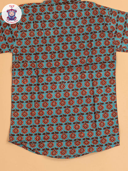 Blue & Brown - Boys Printed Short Kurta