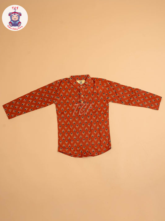 Rust & Black - Boys Printed Short Kurta