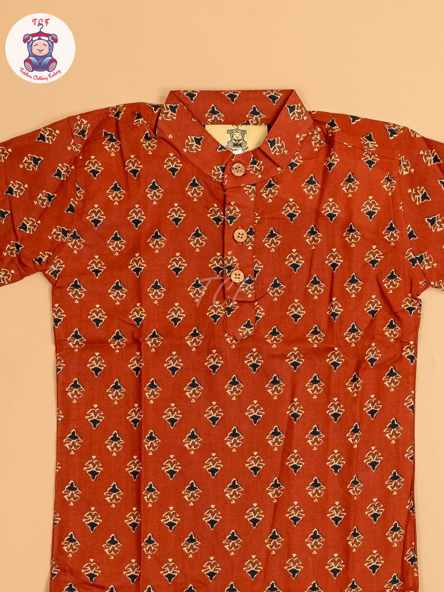 Rust & Black - Boys Printed Short Kurta