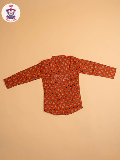 Rust & Black - Boys Printed Short Kurta