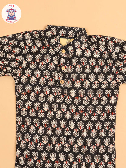 Black & Maroon - Boys Printed Short Kurta