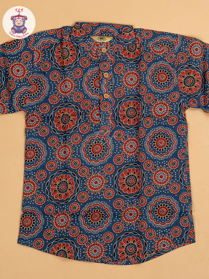 Maroon & Blue - Boys Printed Short Kurta
