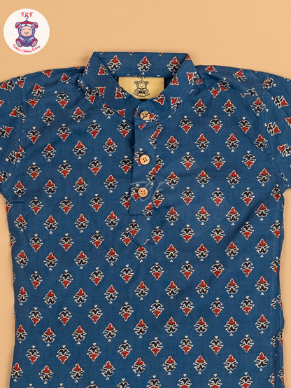 Blue & Maroon - Boys Printed Short Kurta