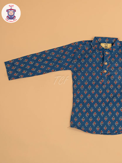 Blue & Maroon - Boys Printed Short Kurta