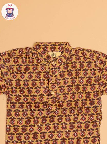 Mustard  & Maroon - Boys Printed Short Kurta