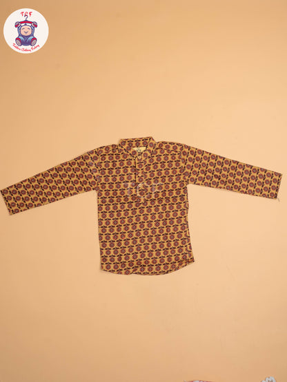 Mustard  & Maroon - Boys Printed Short Kurta
