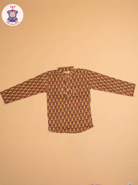 Mustard  & Maroon - Boys Printed Short Kurta