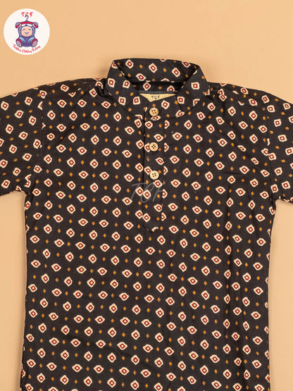 Black - Boys Printed Short Kurta