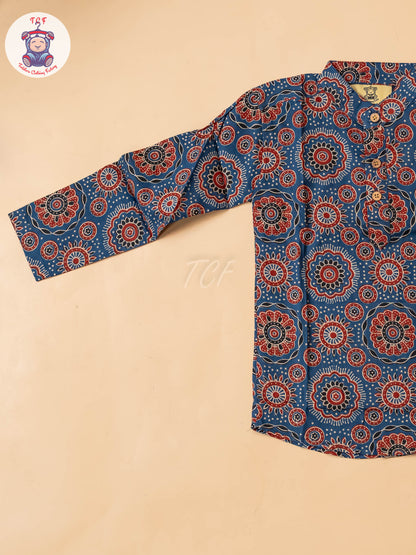 Maroon & Blue - Boys Printed Short Kurta