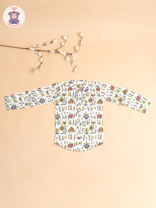 White - Boys Kalamkari Printed Short Kurta