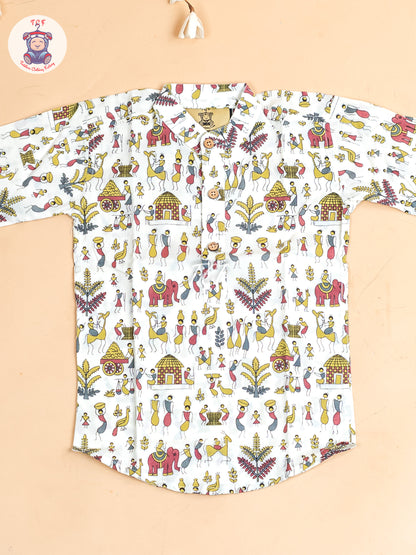 White - Boys Kalamkari Printed Short Kurta