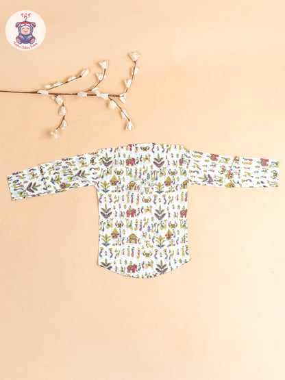 White - Boys Kalamkari Printed Short Kurta