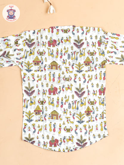 White - Boys Kalamkari Printed Short Kurta