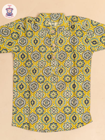 Mustard -  Boys Floral Printed Short Kurta