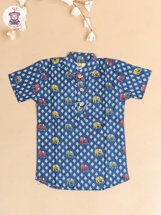 Navy Blue -  Boys Floral Printed Short Kurta