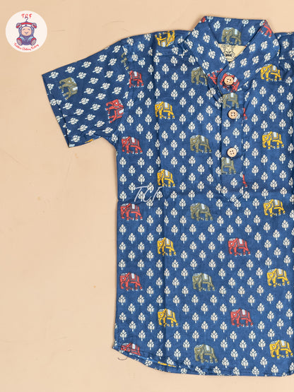 Navy Blue -  Boys Floral Printed Short Kurta
