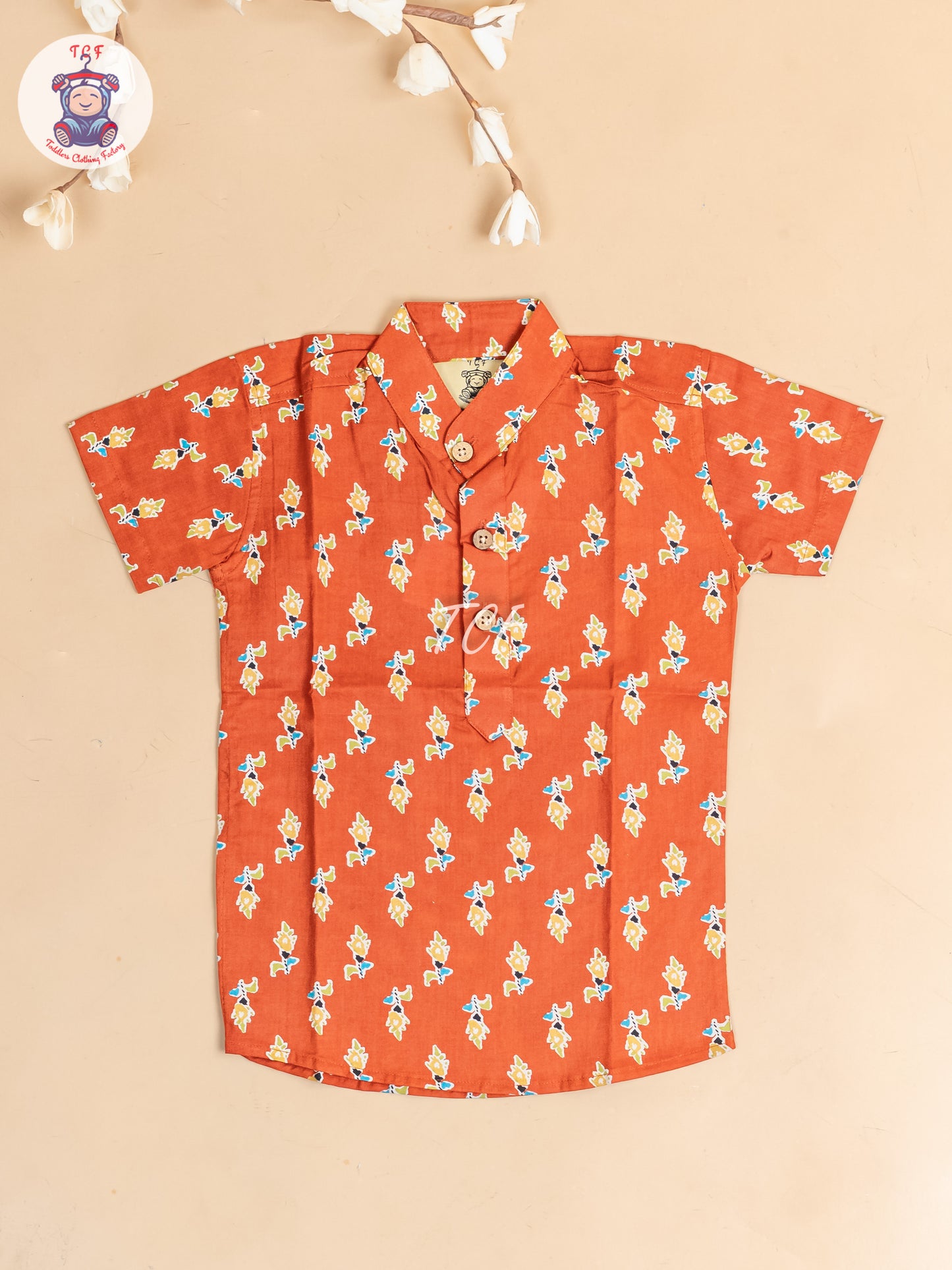 Red -  Boys Floral Printed Short Kurta