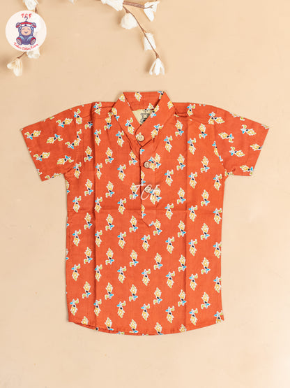 Red -  Boys Floral Printed Short Kurta