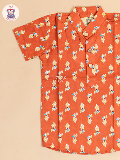 Red -  Boys Floral Printed Short Kurta