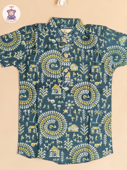 Light Green -  Boys Floral Printed Short Kurta