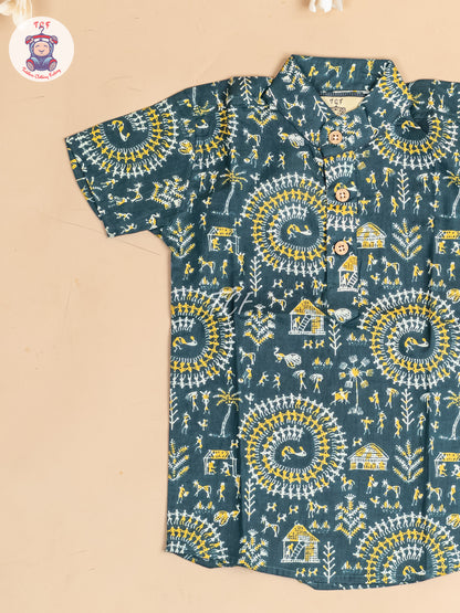 Light Green -  Boys Floral Printed Short Kurta