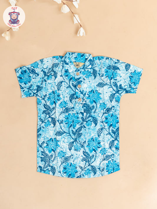 Ice Blue -  Boys Floral Printed Short Kurta