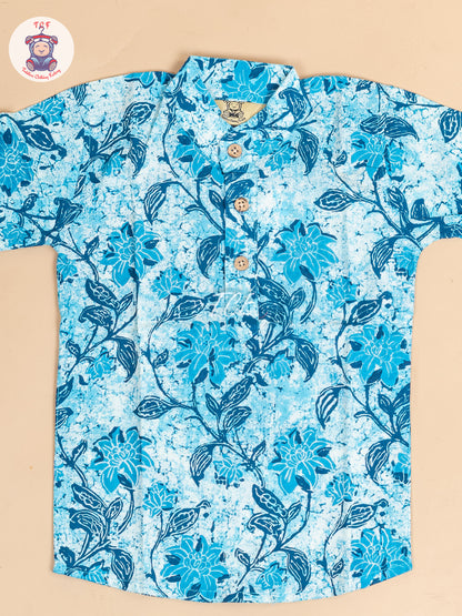 Ice Blue -  Boys Floral Printed Short Kurta
