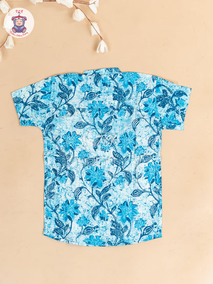Ice Blue -  Boys Floral Printed Short Kurta