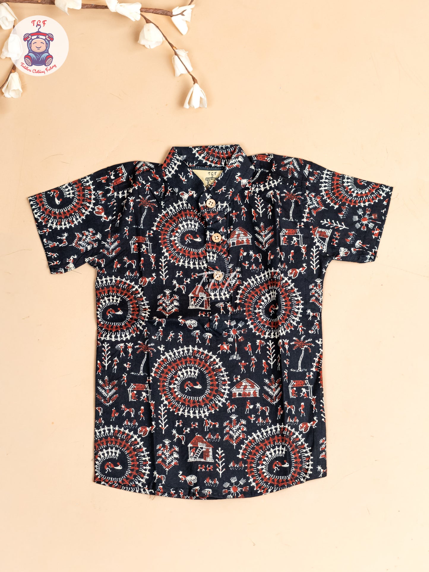 Black -  Boys Floral Printed Short Kurta