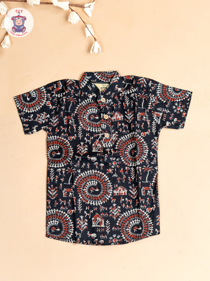Black -  Boys Floral Printed Short Kurta