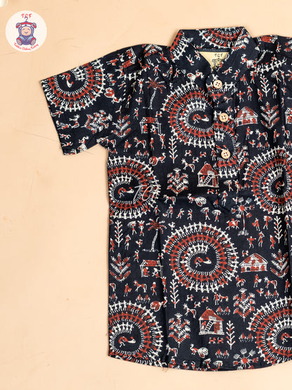 Black -  Boys Floral Printed Short Kurta