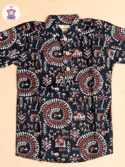 Black -  Boys Floral Printed Short Kurta