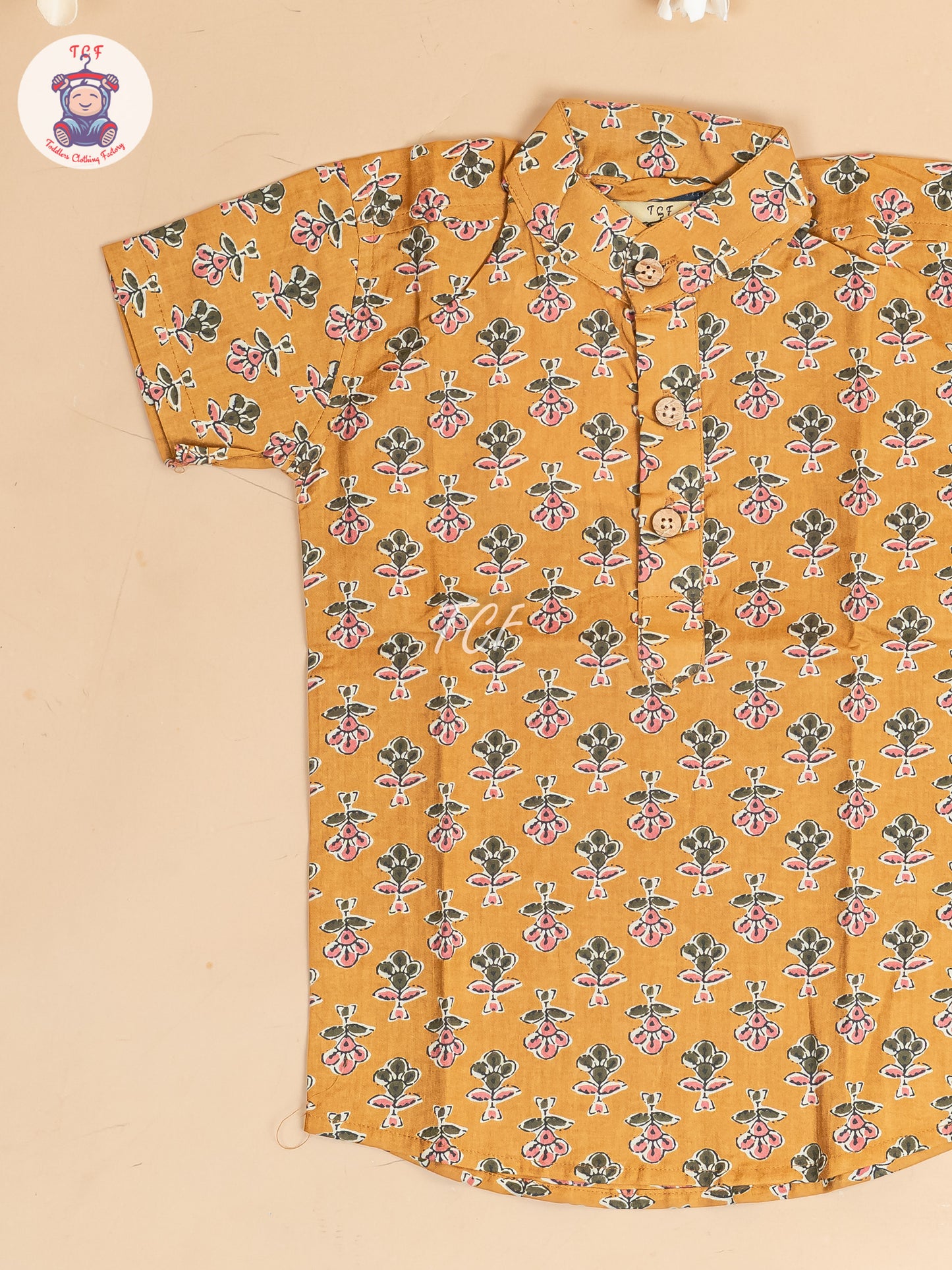 Mustard -  Boys Floral Printed Short Kurta