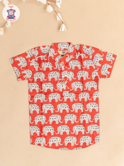 Red -  Boys Elephant Printed Short Kurta