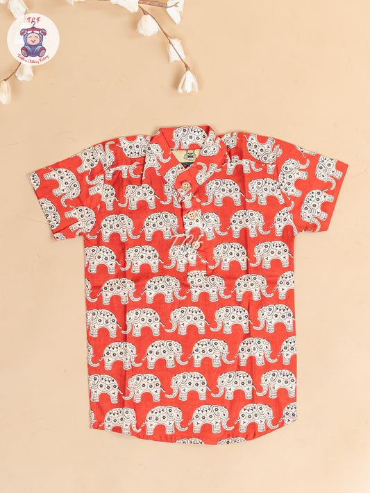 Red -  Boys Elephant Printed Short Kurta