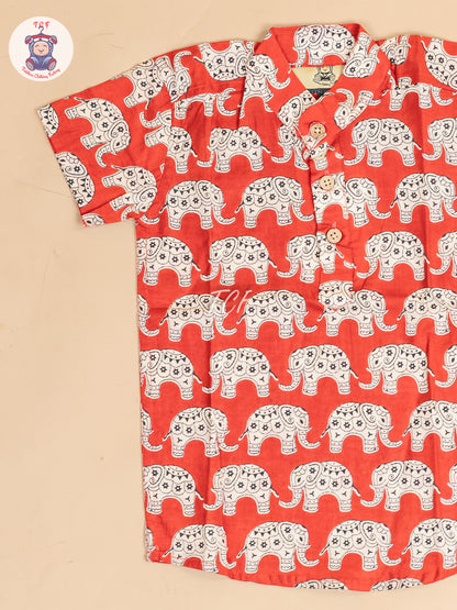 Red -  Boys Elephant Printed Short Kurta